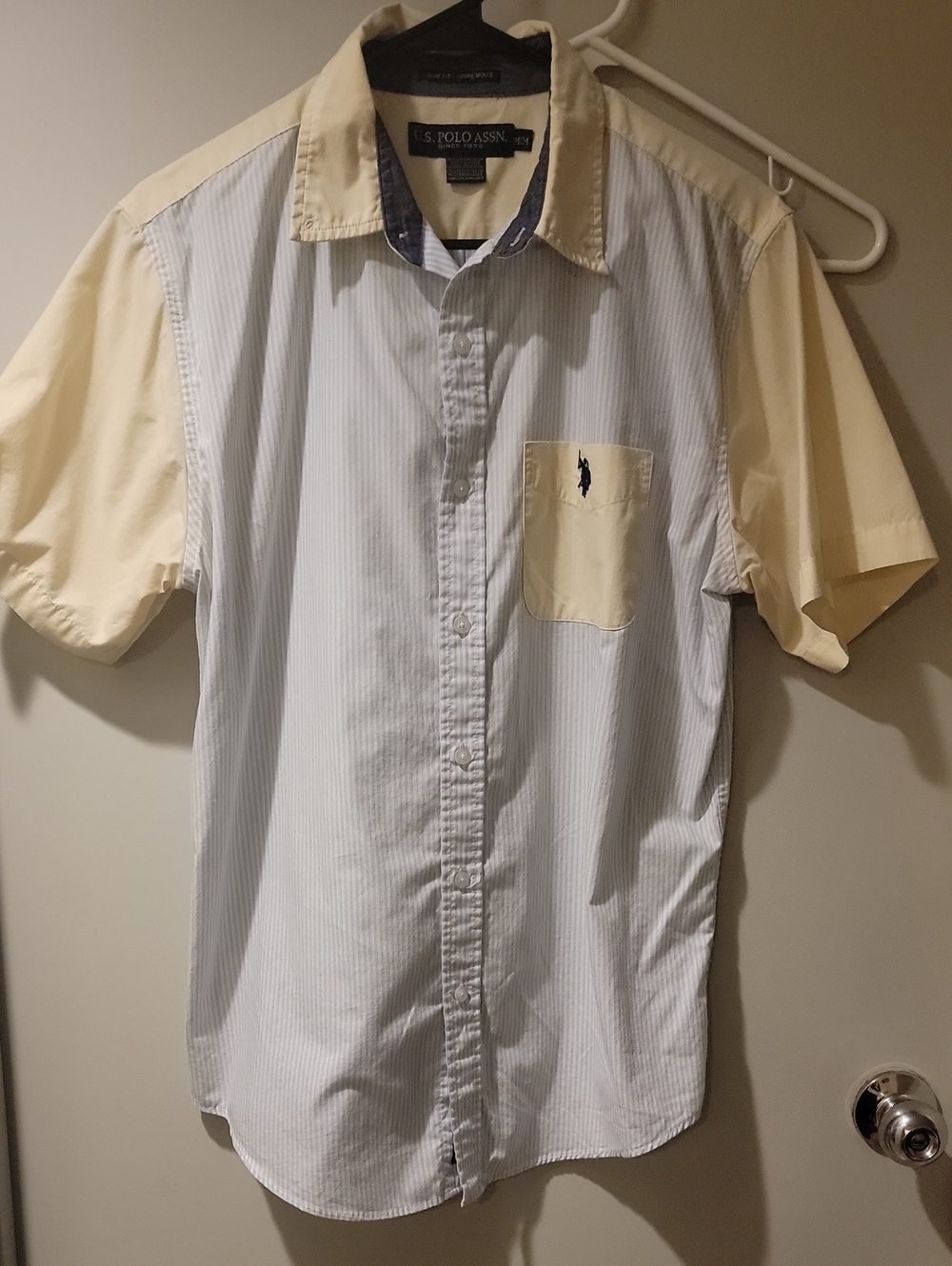 ⭐️ U.S. Polo Assn. Light Blue Pinstripe Shirt with Pale Yellow Sleeves Vintage